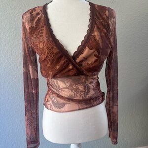 Fashion Nova Brown Mesh Long Sleeve Top